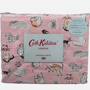 4pc Cath Kidston London CUTE CATS Pink Queen Sheet Set Kitty Cotton Percale